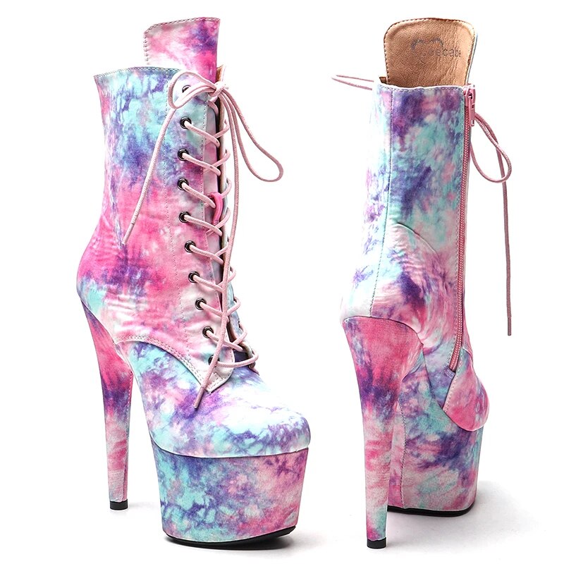 TAAFO Pink Flowers PU 17CM/7inches Pole Dancing Shoes High Heel Platform Pole Dance Boot