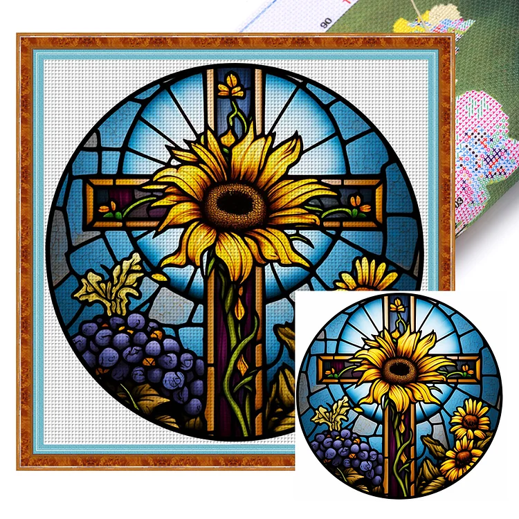 【Huacan Brand】Glass Art - Cross Sunflower 11CT Stamped Cross Stitch 40*40CM