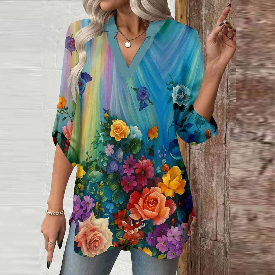 Women Floral,Color,Blue DZGA0732 3/4 Sleeve V-neck Printed Graphic Button Tops