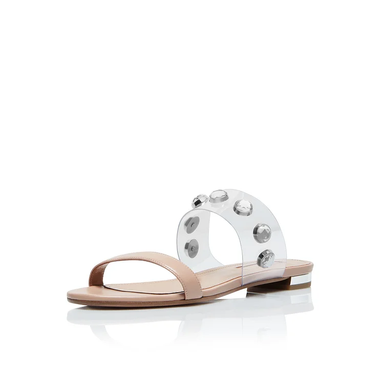 Nude Women's Slides Shoes Open Toe Rhinestone Summer Flat Sandals |FSJ Shoes