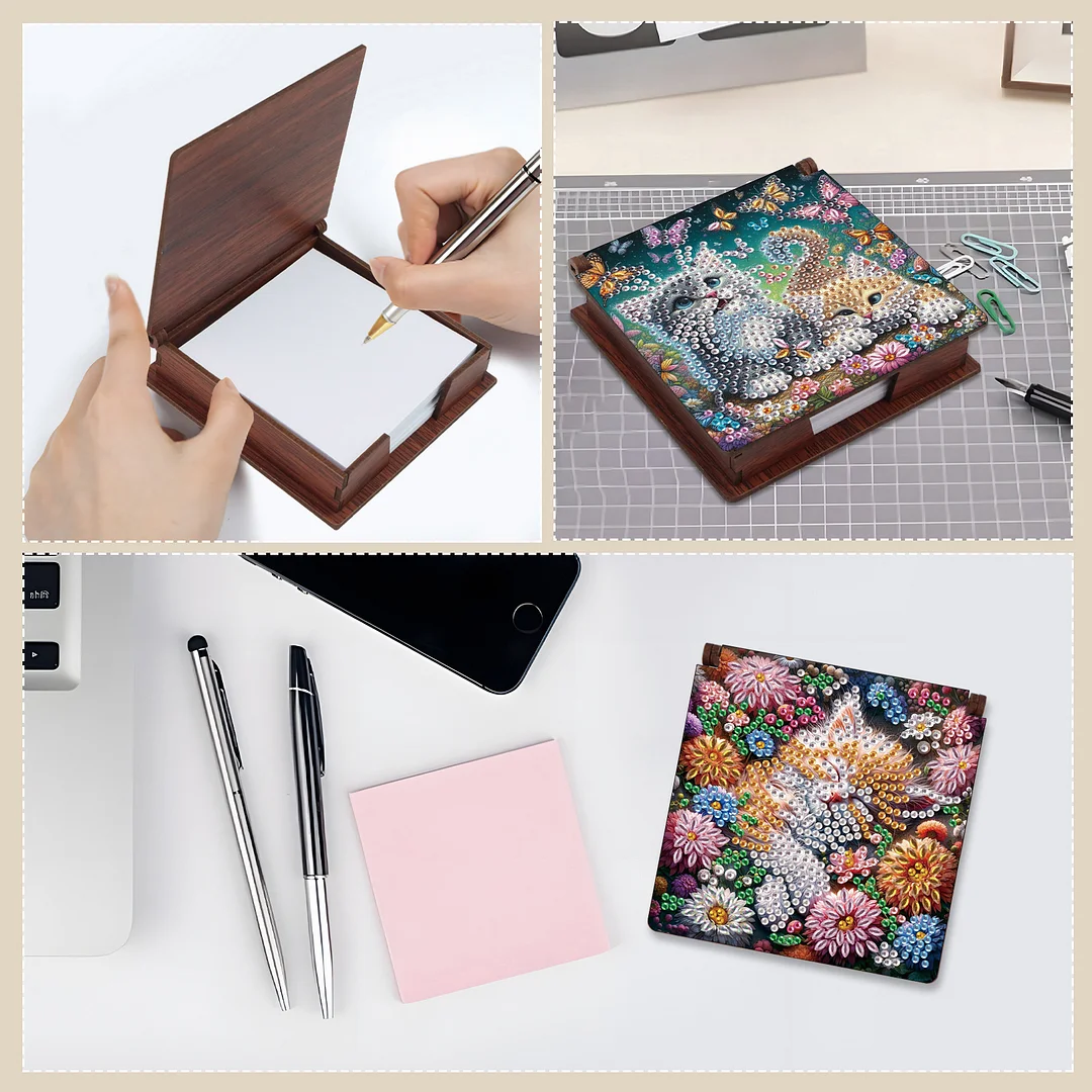 Kitty Wooden DIY 5D Diamond Painting Note Box 640 Notepads Office Home