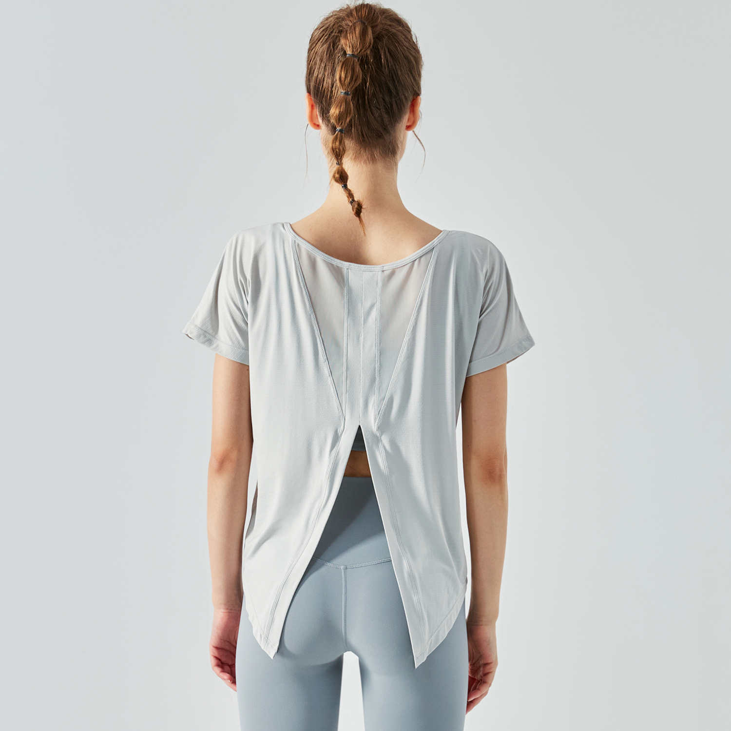 Hergymclothing Misty Gray mesh back split buttery soft naked feel cool running fitness tops for women online shopping