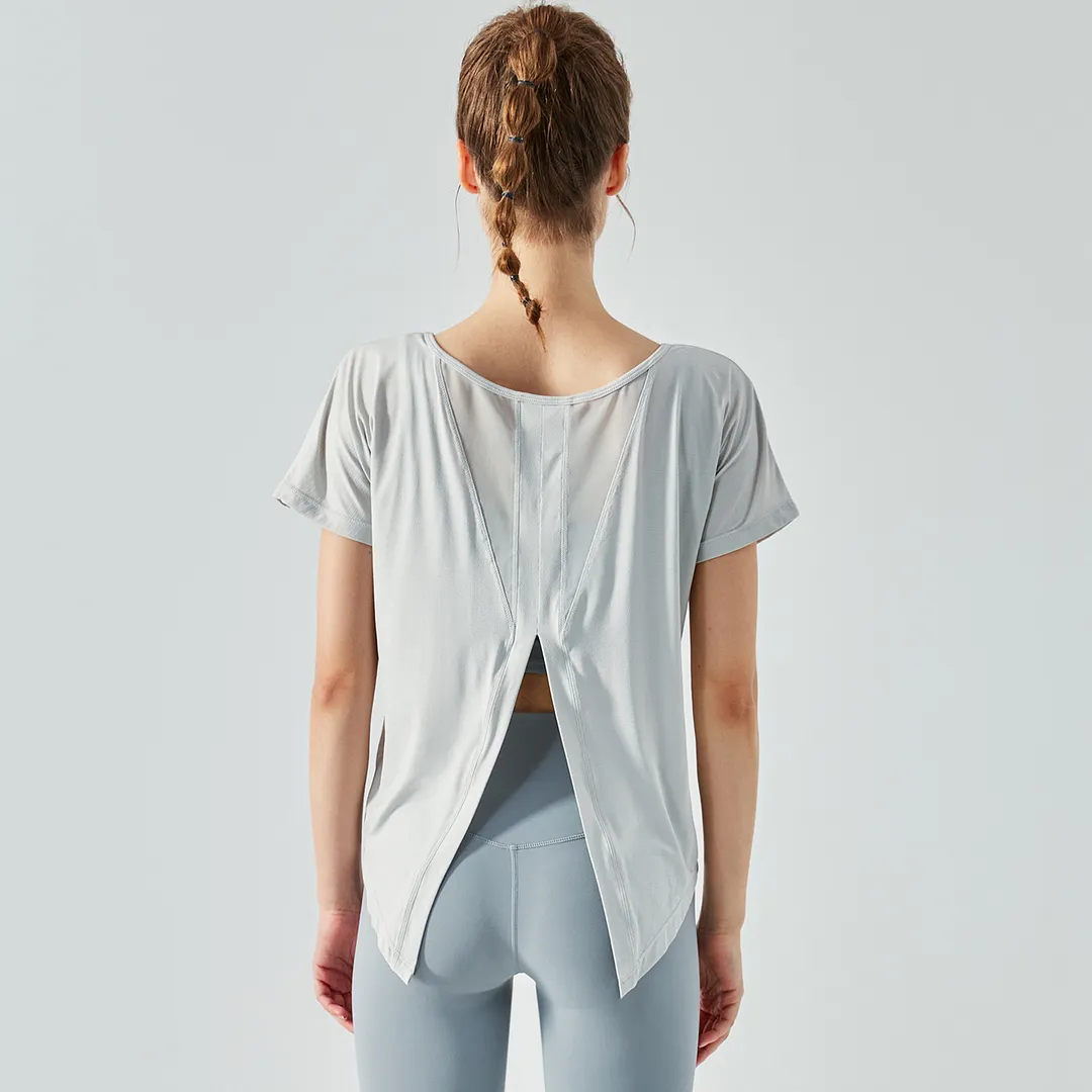 Hergymclothing Misty Gray mesh back split buttery soft naked feel cool running fitness tops for women online shopping