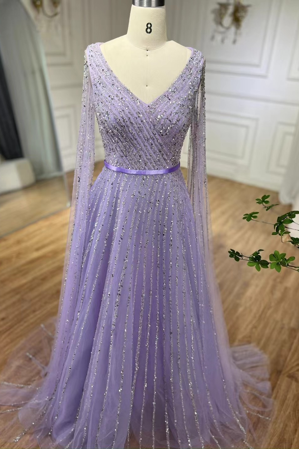 Bellasprom Lilac Long Sleeves A-line Prom Dress V-Neck With Beadings Online Bellasprom