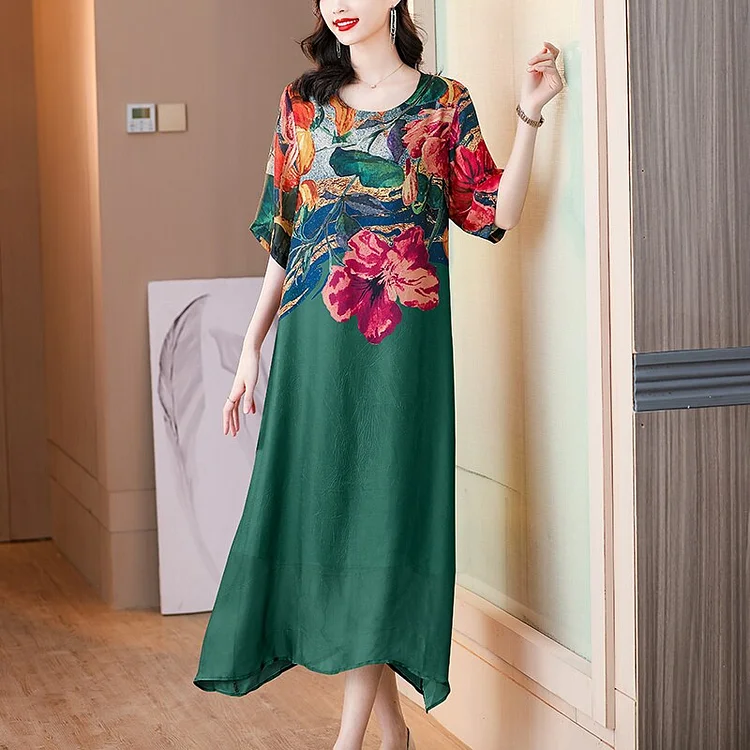 Loose Elegant Floral Print Silk Midi Dress