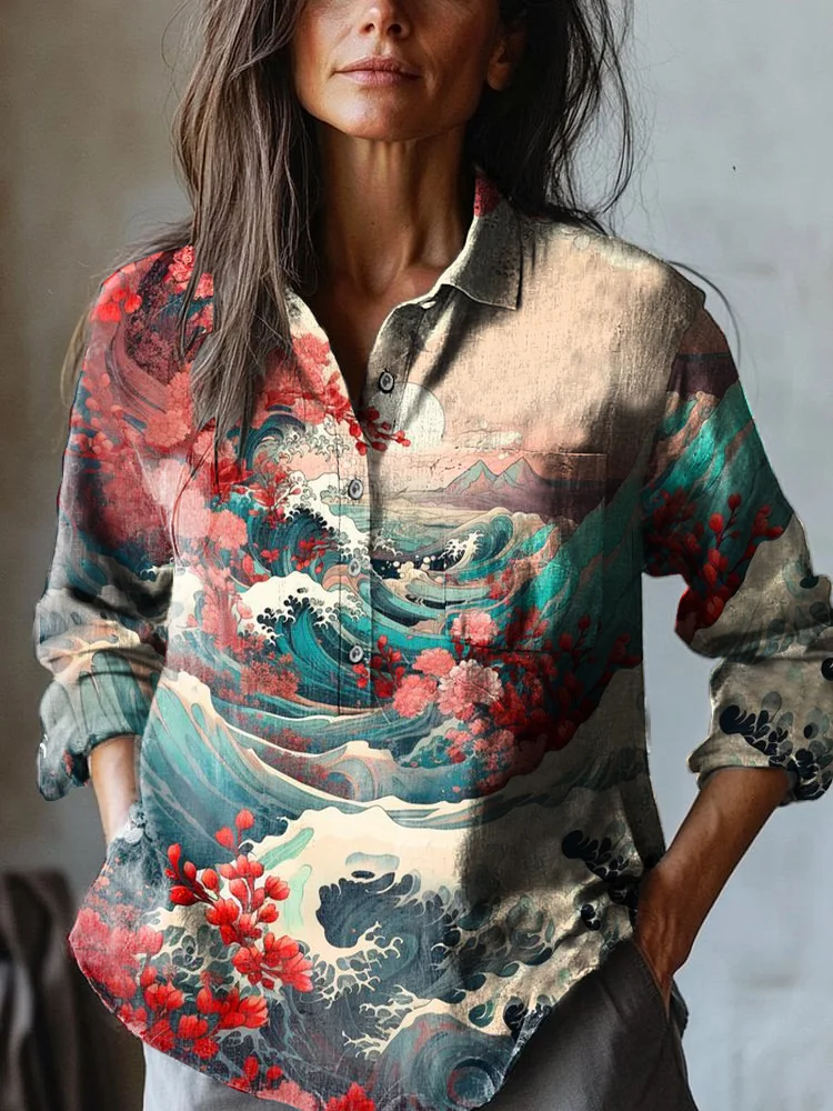 Women's Vintage Sea Waves Art Print Casual Cotton And Linen Shirt