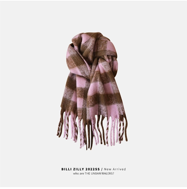 Rainbow Plaid Tassel Scarf For Women Autumn And Winter Famous Color Matching Cashmere Mohair Shawl Thickened Scarf
