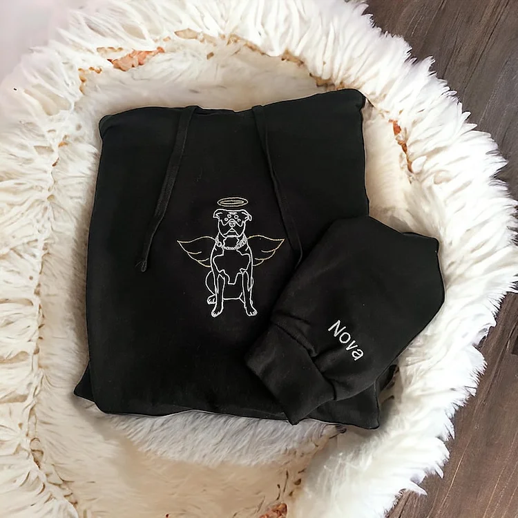 Custom Angel Embroidered Pet Portrait Line Art Hoodie Sweatshirt T-shirt, Dog Loss Memorial Gift