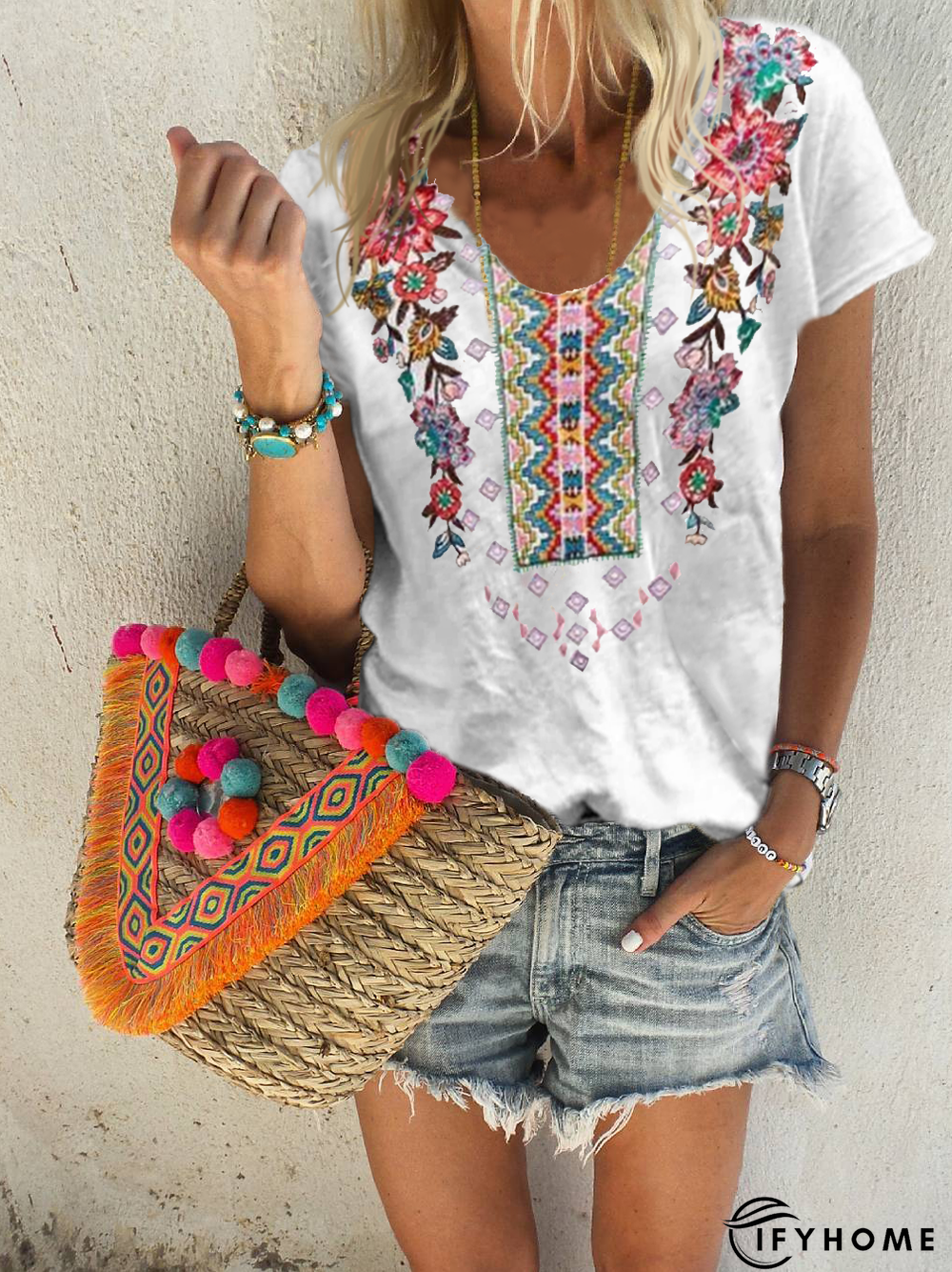 Floral Short Sleeve Cotton T-shirt | IFYHOME