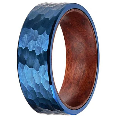 Women's Or Men's Blue Hammered Finish Tungsten Carbide Wedding Band Rings with Inside Wood Inlay With Mens And Womens Ring For Width 4MM 6MM 8MM 10MM
