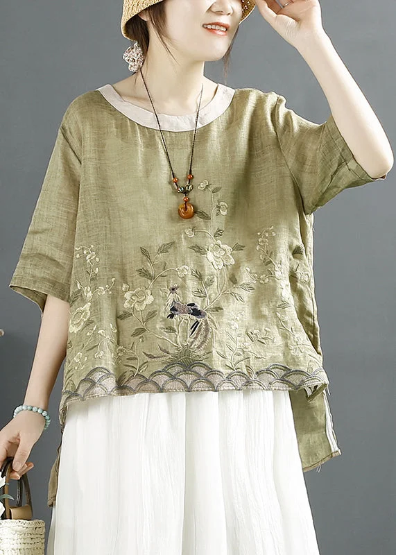Green Low High Design Linen Shirts Embroideried Summer