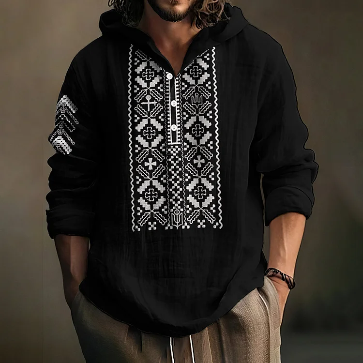 Ukraine Print Linen Hooded Shirt