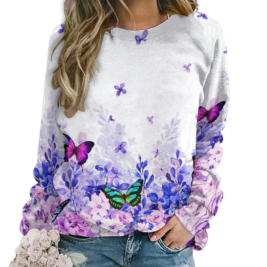 Printed Long Sleeve Casual Sweatshirt for  Women and Men Unisex Pattern Butterfly, Purple, Floral