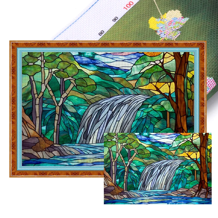 【Huacan Brand】Glass Art - Landscapes And Rivers 11CT Stamped Cross Stitch 60*40CM