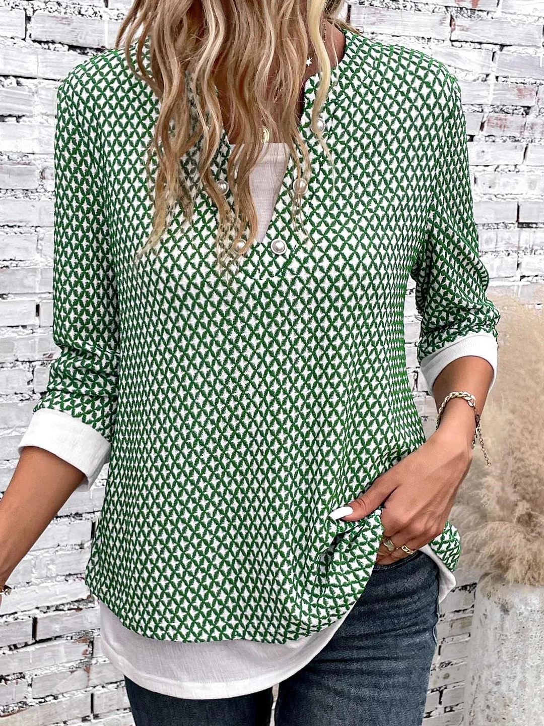 Women Long Sleeve V-neck Plaid Graphic Button Tops