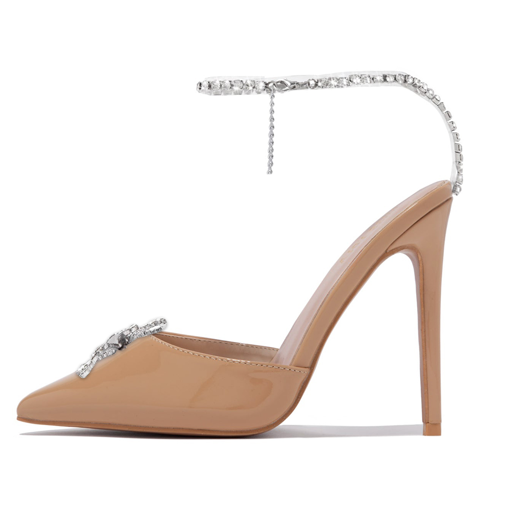Nude Patent Leather Pointed Toe 4'' Stiletto Heel Ankle Strap Pumps Nicepairs