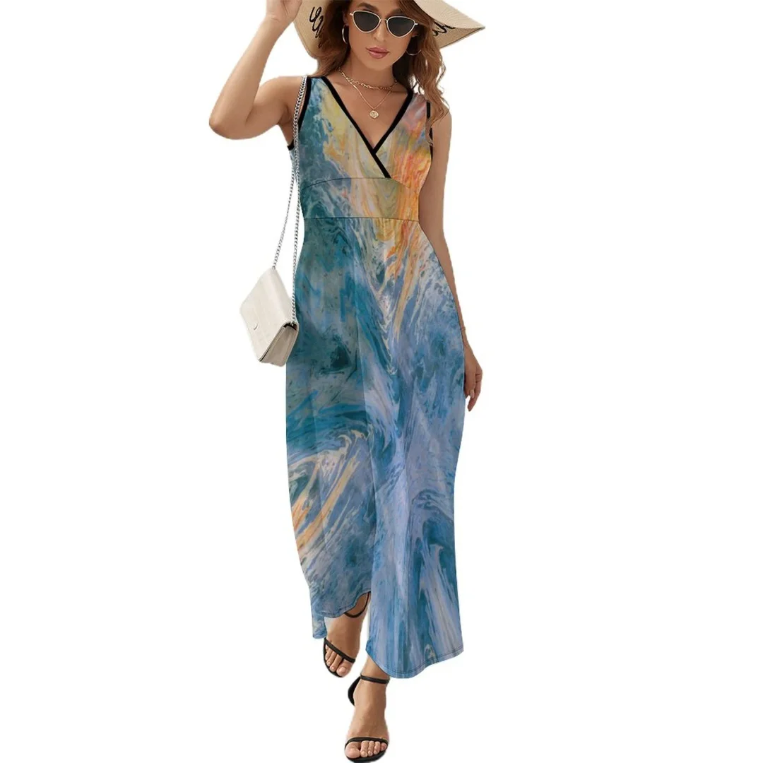Abstract Multicolor Oil And Gasoline Print V-Neck Dresses Casual Maxi Sleeveless Dress