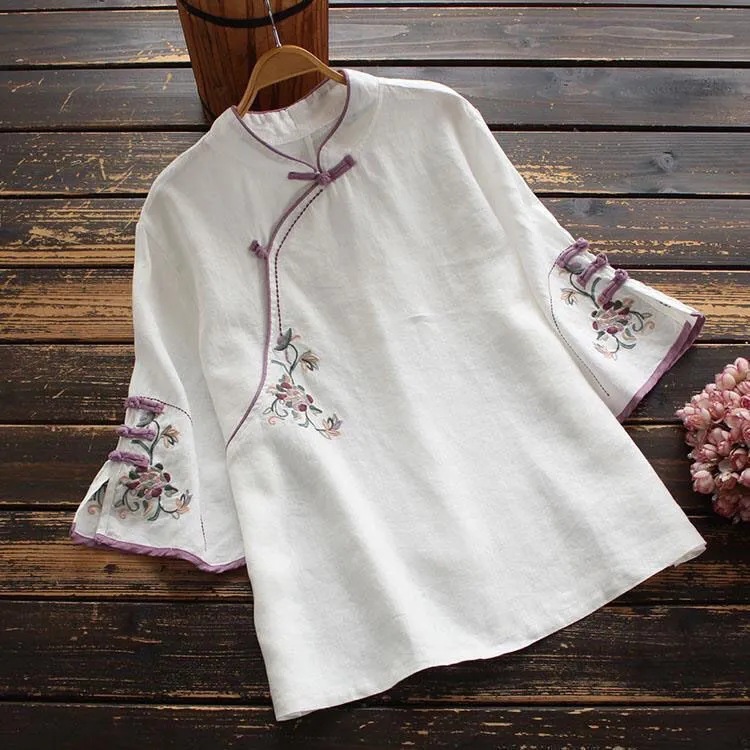 Comstylish Women's Retro Floral Print Button-up Collar Tie-waist Shirt
