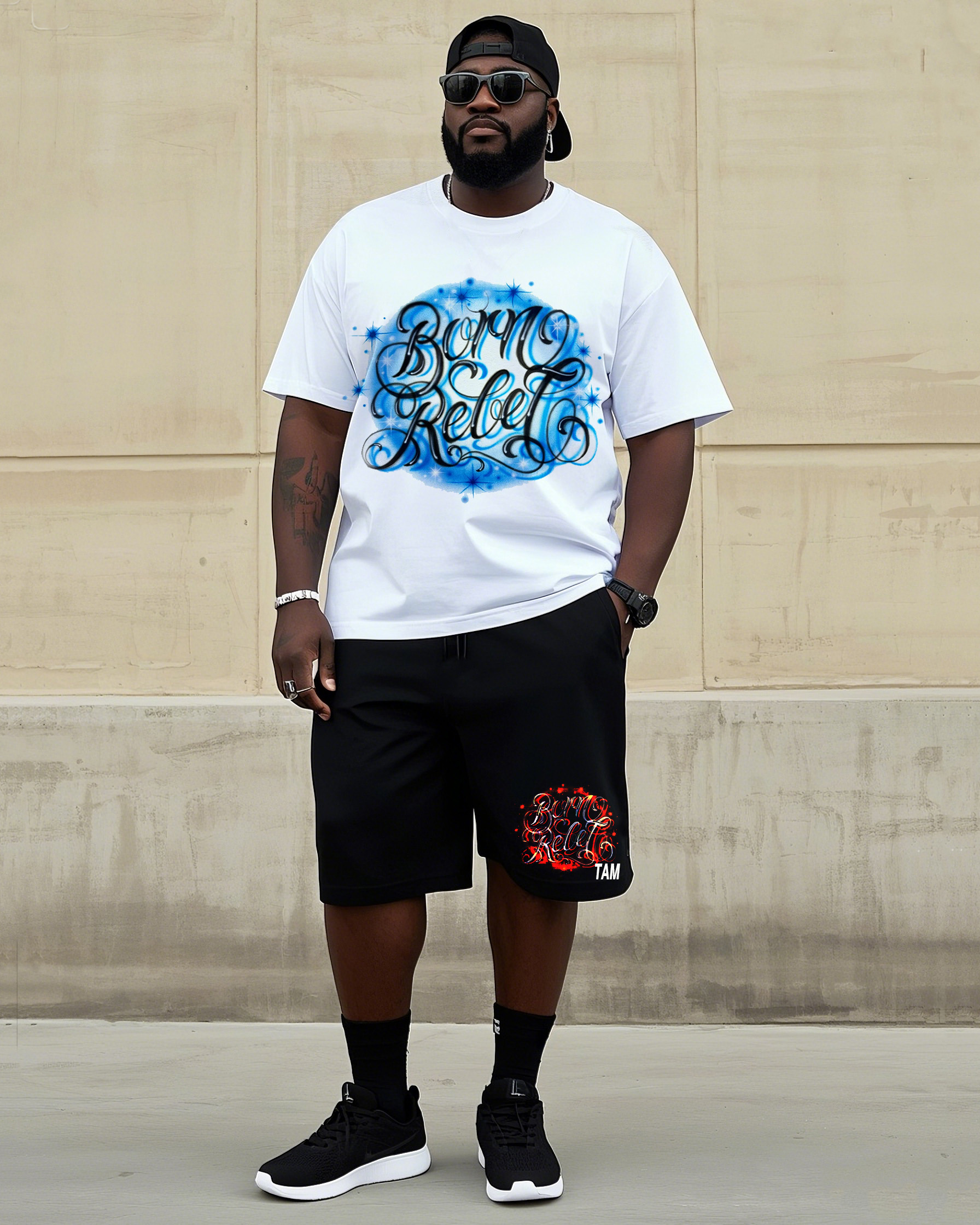 Big Man Street Fashion Handmade Art Personality Graffiti Short Sleeve T-Shirt Shorts Suit