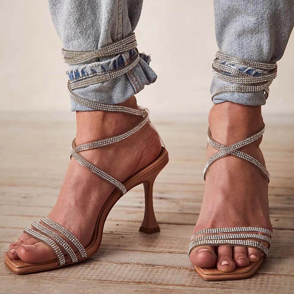 Nude Square Toe Flared Heel Strappy Rhinestone Sandals for Party Nicepairs