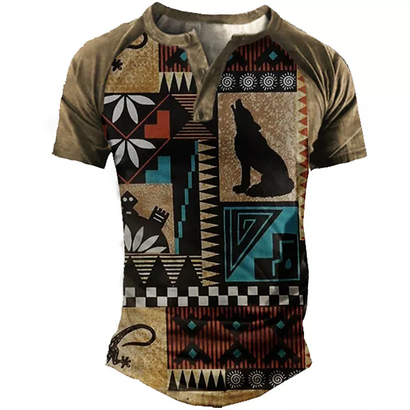  Men's Casual Aztec Full Shop Print Henley T-shirt