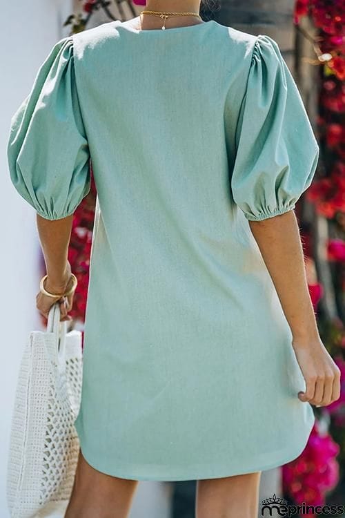 Solid Lace Up V Neck Puff Sleeve Mini Dress