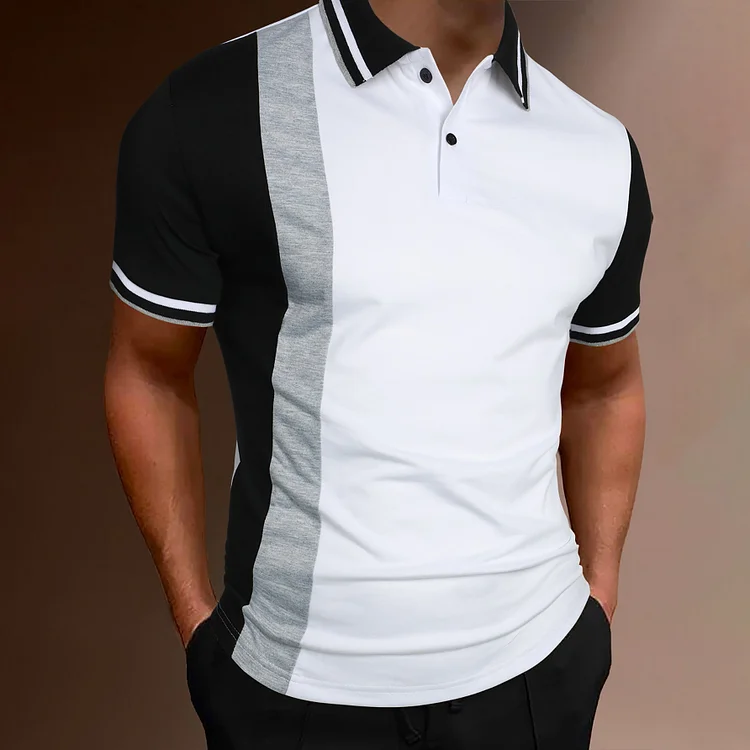 BrosWear Colorblock Striped Trim Short Sleeved Button Polo Shirt