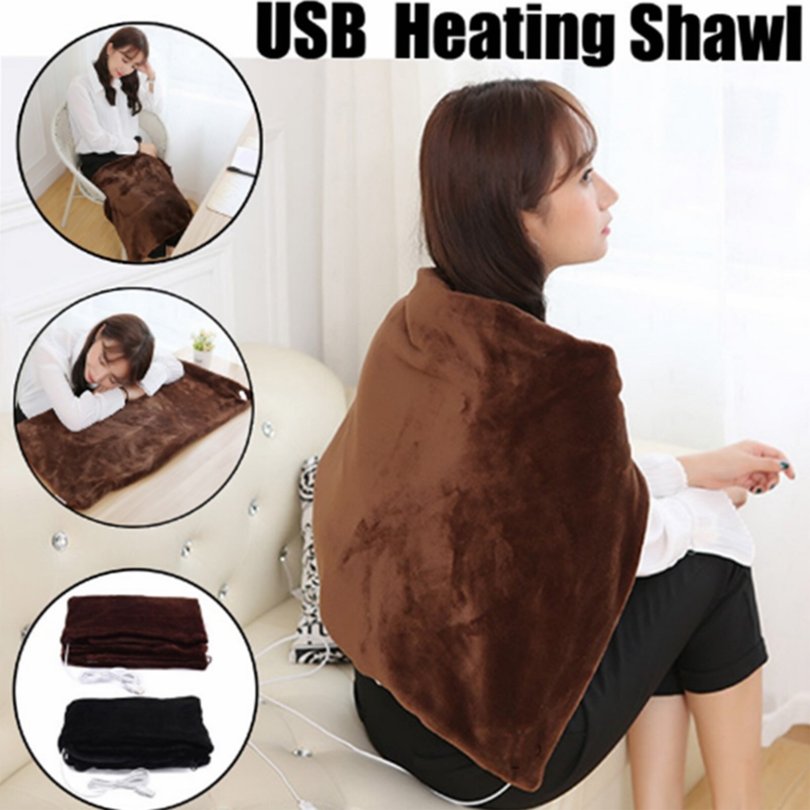Electric-blanket-Heated Shawl Electric Heating Blanket Body Warmer USB Powered Seat Cushion Winter Plush Heating Warm Shawl for Car Office Home-Electric-blanket
