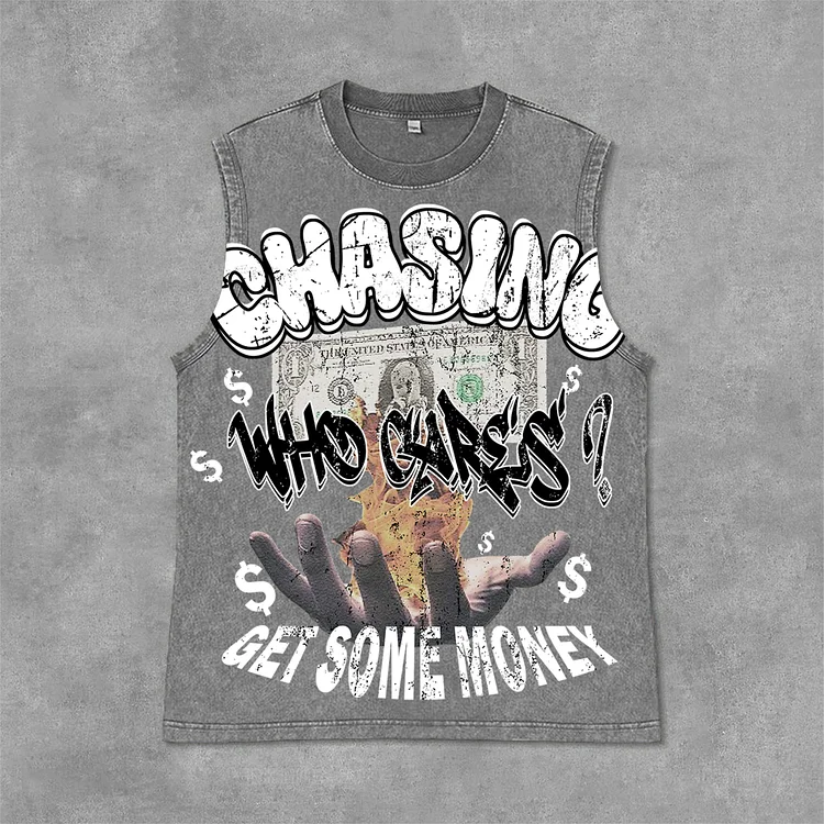 Vintage Chasing Money Graphic Print Acid Washed Street Sleeveless Tank Top SOPULA