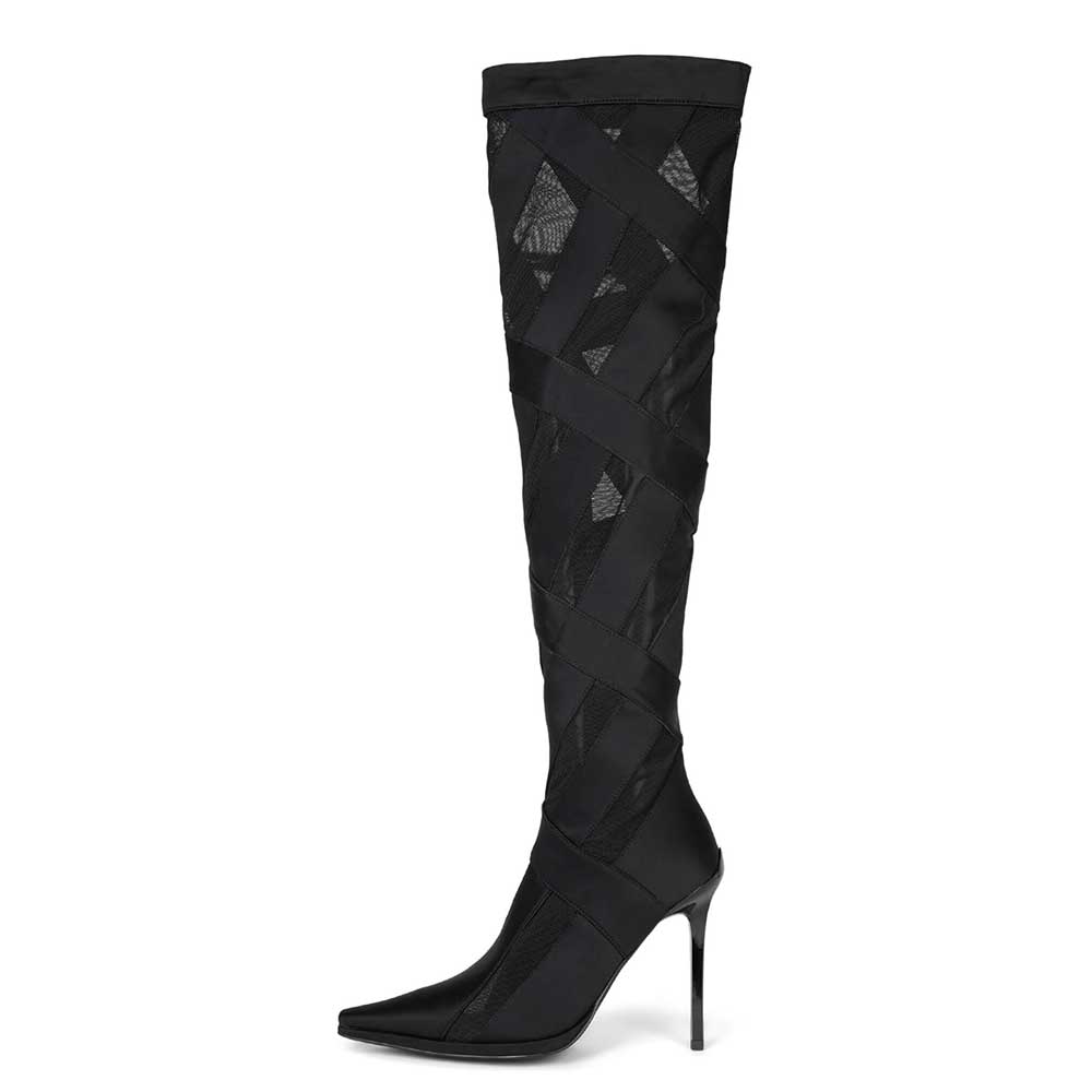 Black Pointed Toe 5’‘ Stiletto Heel Cross Striped Thigh High Boots Nicepairs