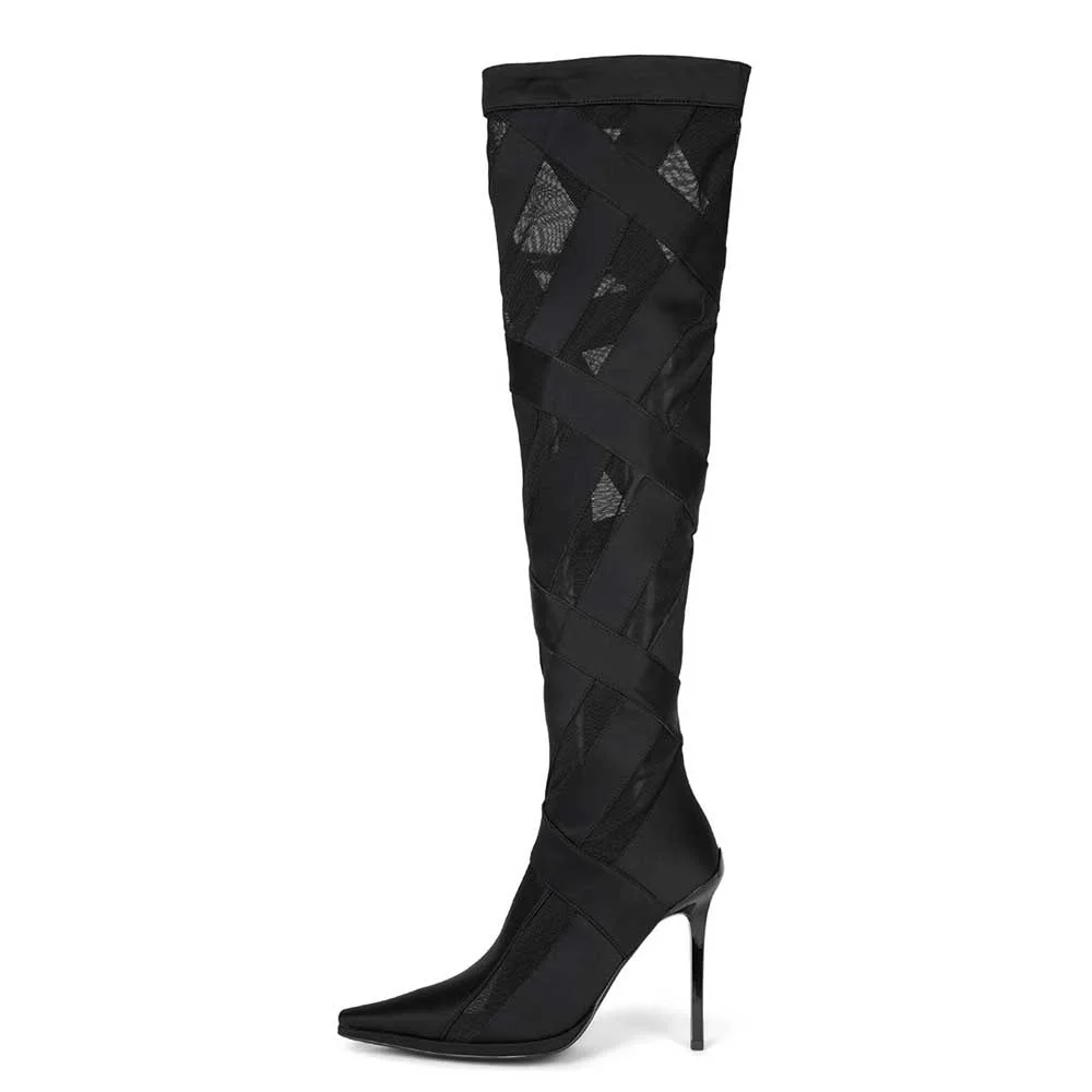Black Satin & Mesh Pointed Toe Cross Striped Heeled Thigh High Boots Nicepairs
