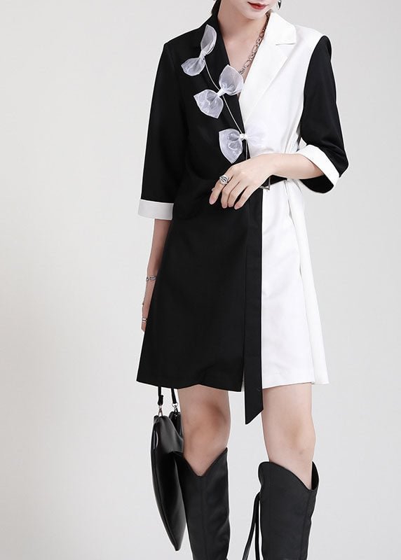 DIY Black White Patchwork PeterPan Collar Bow Sashes Fall Dress Half Sleeve CK1214- Fabulory
