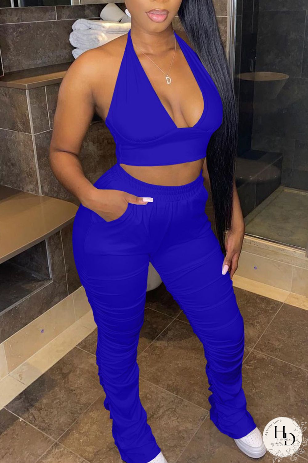 Tangerine Red Casual Solid Bandage Split Joint Backless Halter Sleeveless Two Pieces