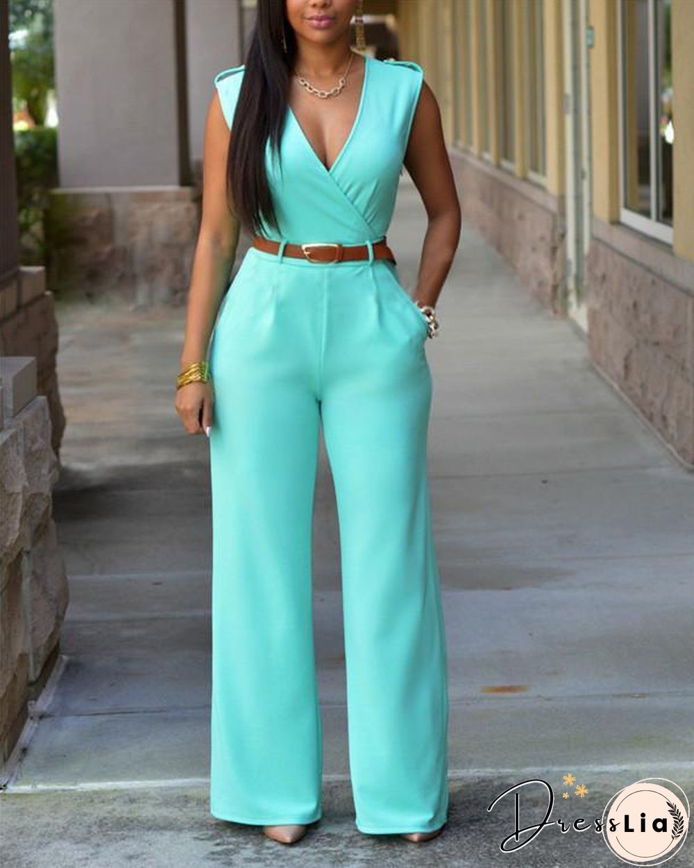V Neck Solid Casual Short Sleeve Jumpsuits