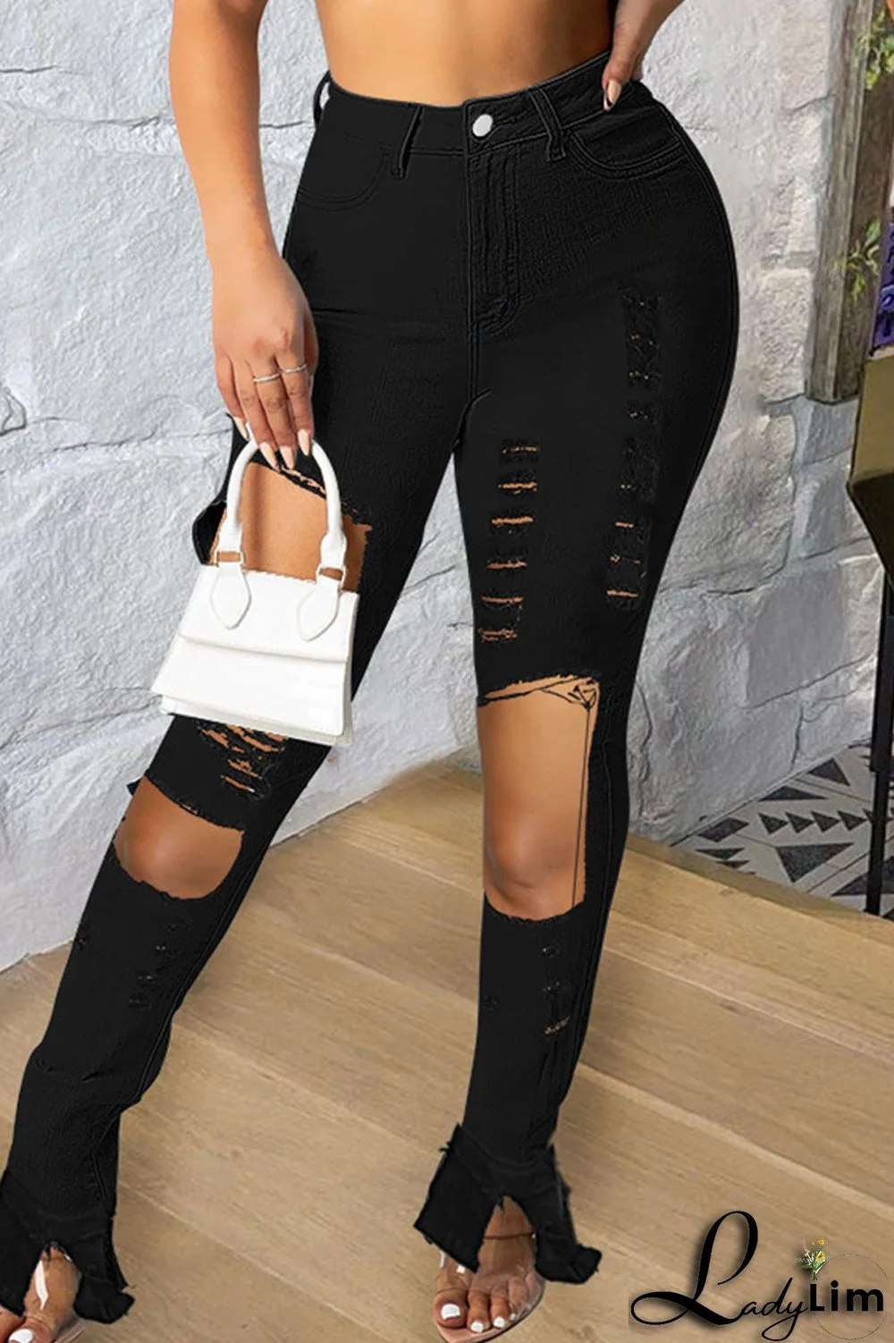 Black Sexy Street Solid Ripped Patchwork High Waist Denim Jeans