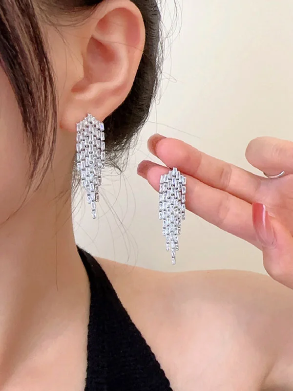 Rhine Stones Solid Color Tasseled Drop Earrings