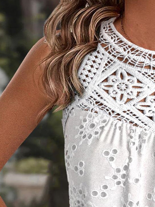 Women Sleeveless Scoop Neck Solid Lace Tops