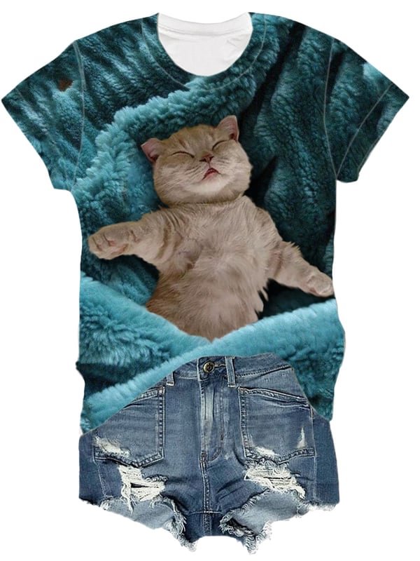 Sleeping Cat Print Short Sleeve T-Shirt