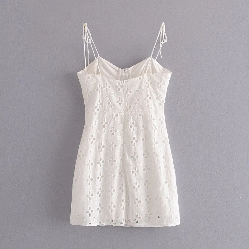 Chu Sau beauty Women Summer Dress Female Fashion Wild Casual  Backless Slim Hollow Embroidery Strap Dresses Women