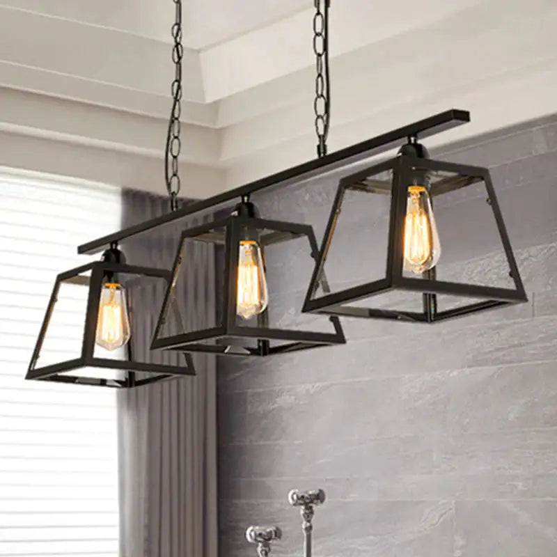 Industrial Style 3-Light Island Light Fixture With Clear Glass Pendant Chain Black