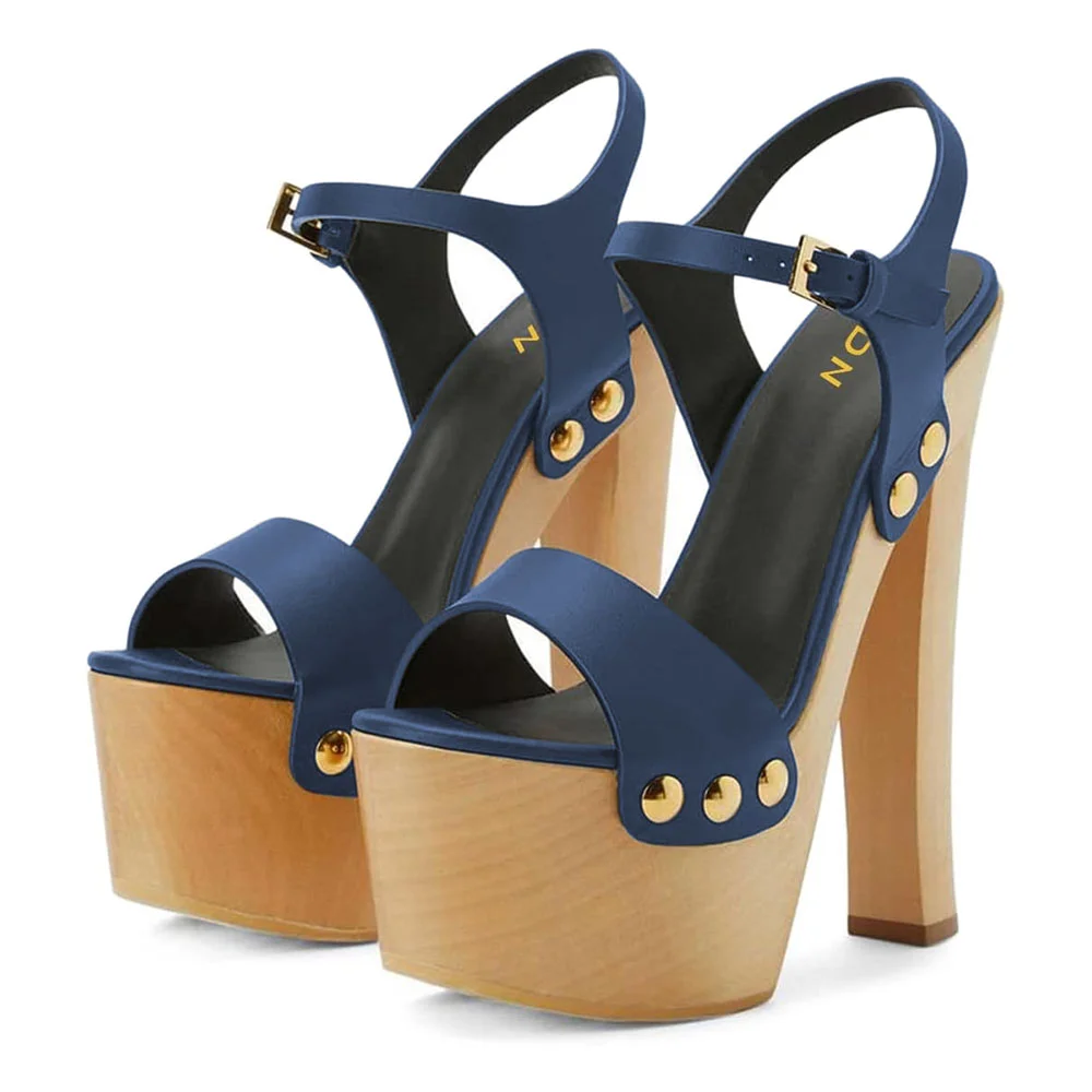 Navy Open-Toe Ankle Strap Studded Platform Sandals with Chunky Heels