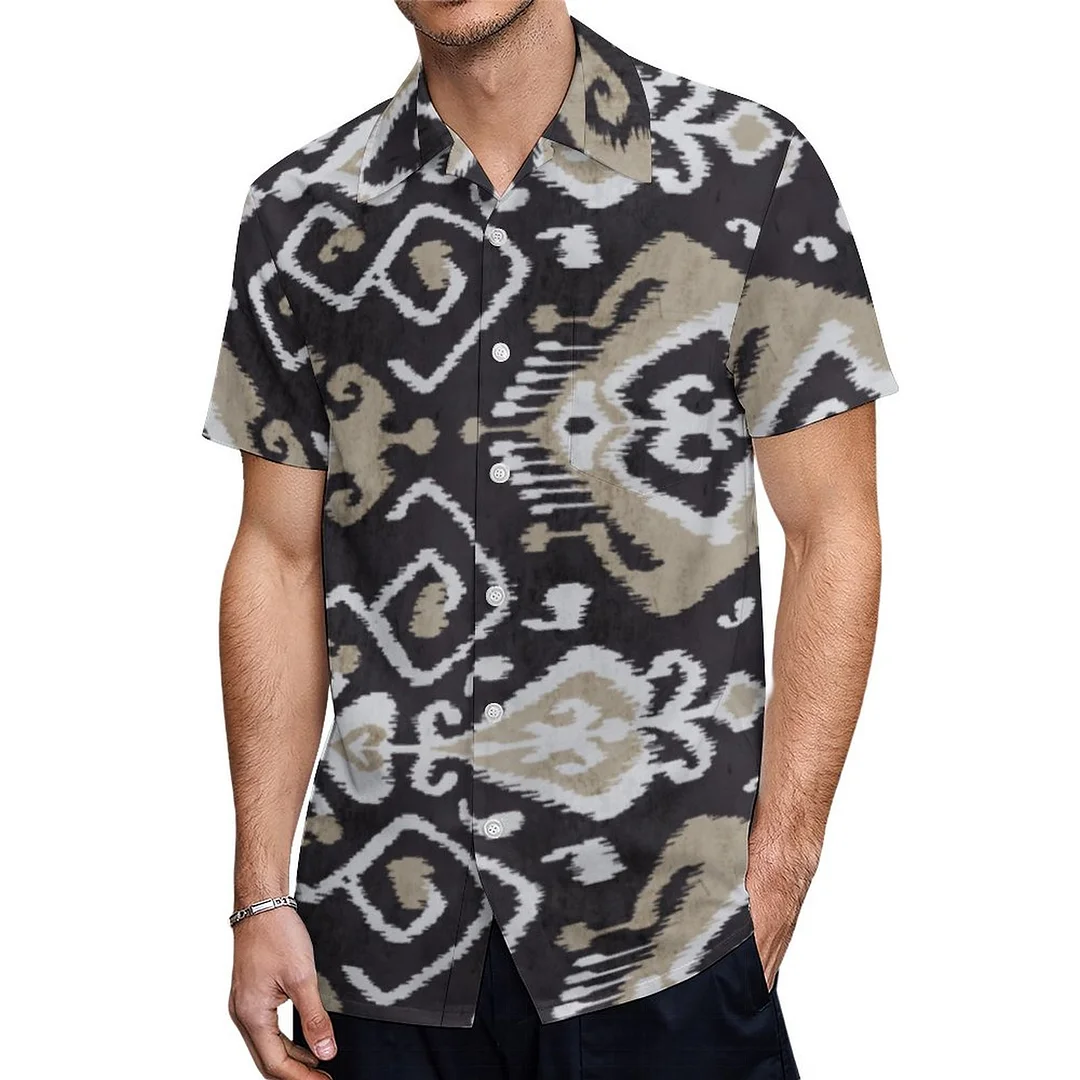 Neutral Black Beige Grey White Ikat Tribal Hawaiian Shirt Mens Button Down Plus Size Tropical Hawaii Beach Shirts