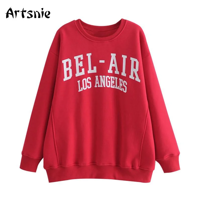 Artsnie Spring 2021 Fleece Sweatshirt Women O Neck Long Sleeve Oversized Hoodies Streetwear Casual Letter Red Sweatshirts