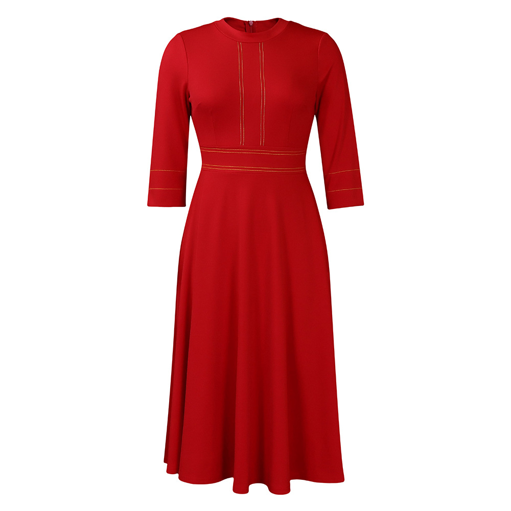 Plus Size  Midi Dress with Gold Trim, 3/4 Sleeve A-Line Formal Dress