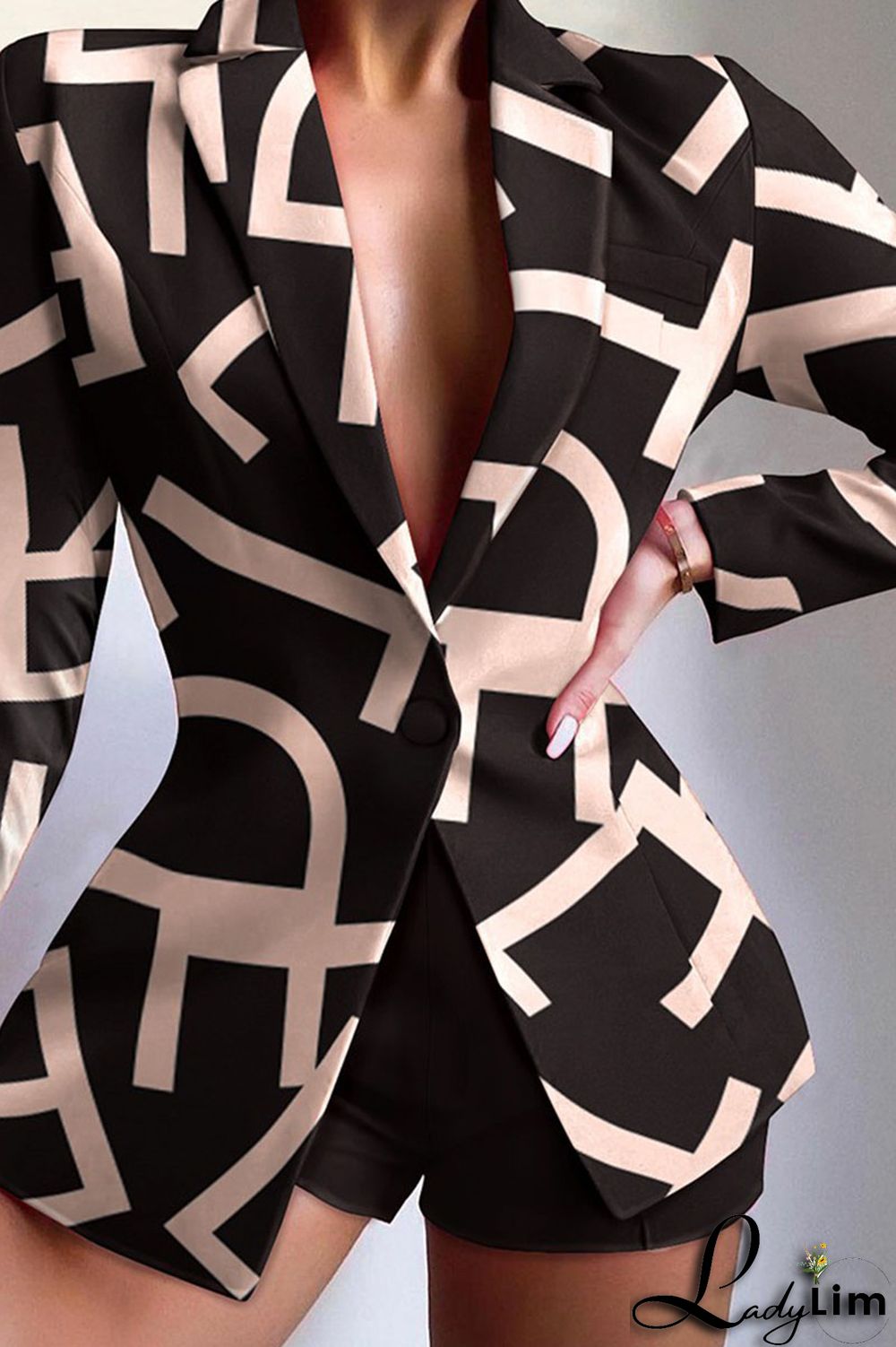 Camel Casual Print Patchwork Buttons Turn-back Collar Long Sleeve Two Pieces