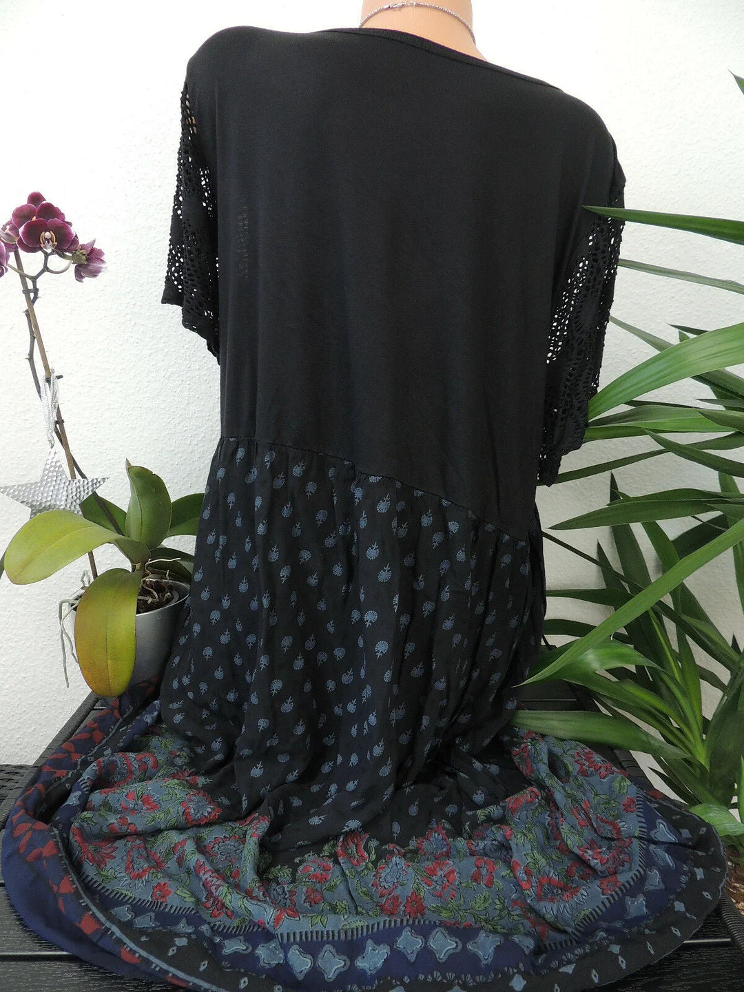 Women Short Sleeve Scoop Neck Floral Printed Lace Stitching Tops