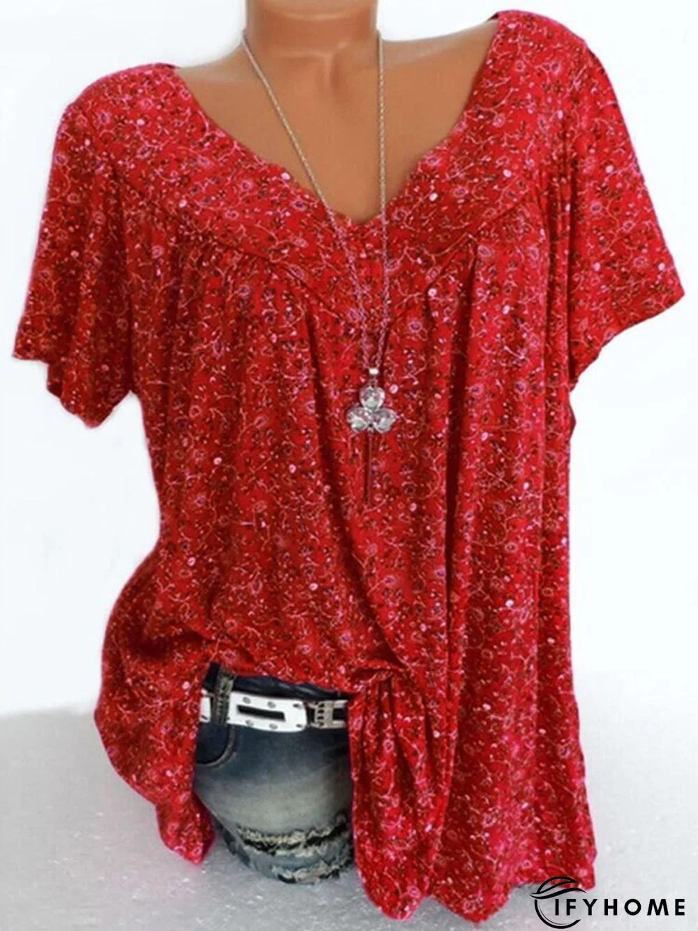 Casual V Neck Floral Short Sleeve Top | IFYHOME