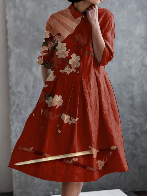 Japanese Art Print Casual Pocket Short Sleeve Dress