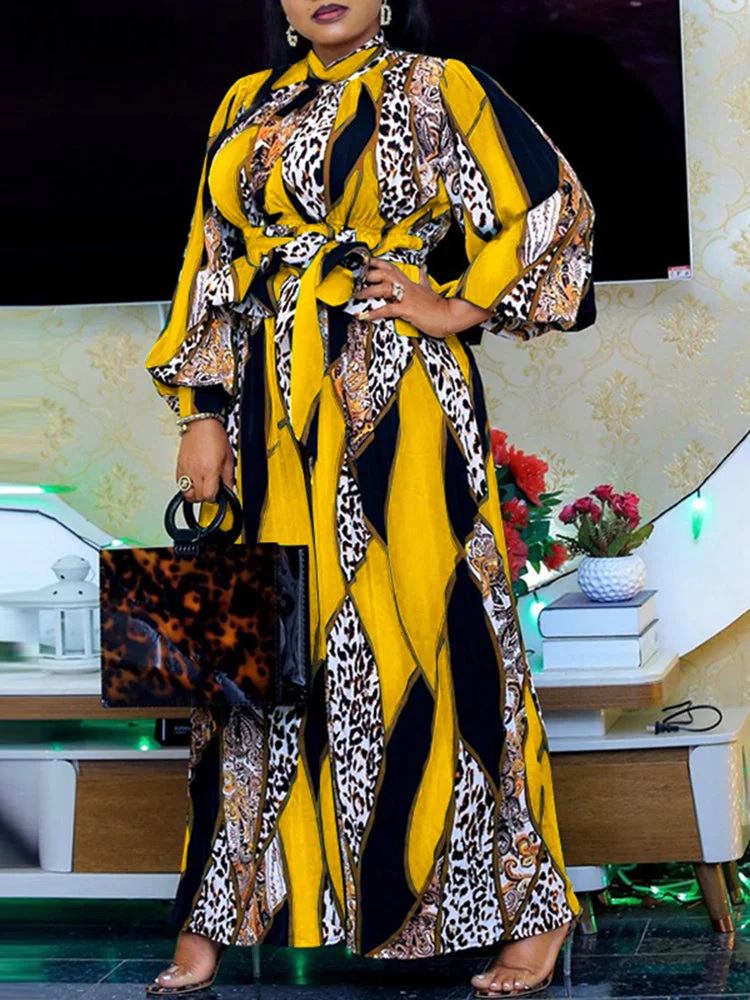 Leopard Print Contrast Color Long Sleeve Tie Waist Dresses SKUI57710 QueenFunky