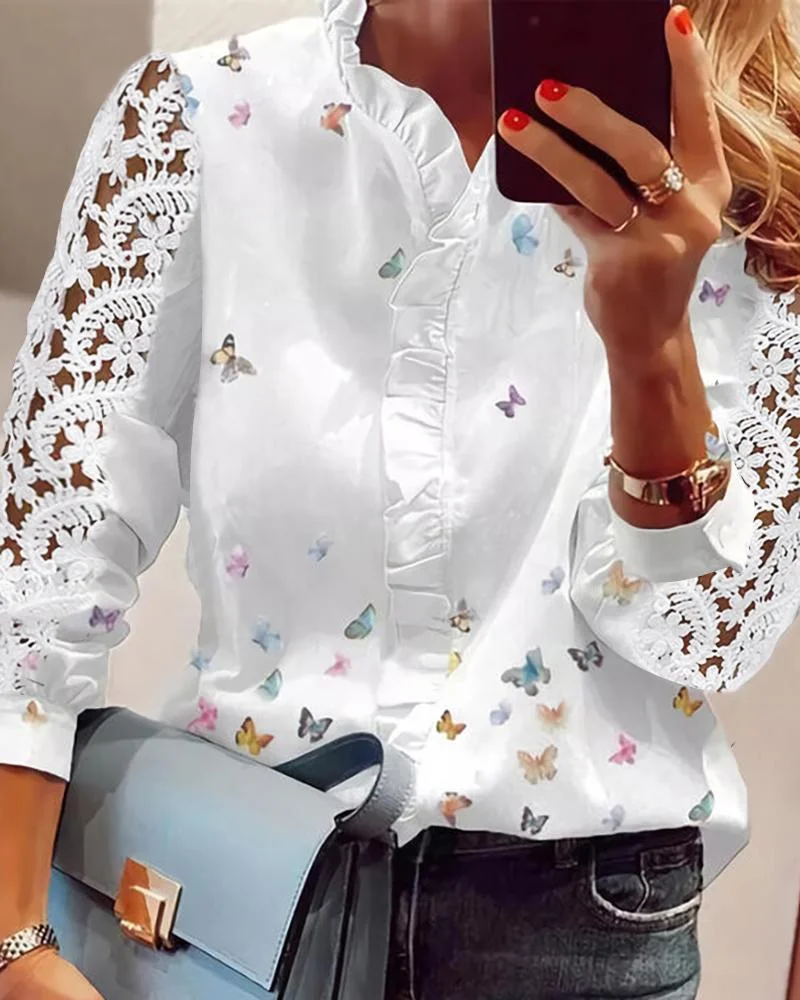 Lace Butterfly Print V-Neck Long Sleeve Patchwork Casual Blouse